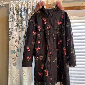 kate spade Black Floral Embroidered Parka with Pink Fur Hood